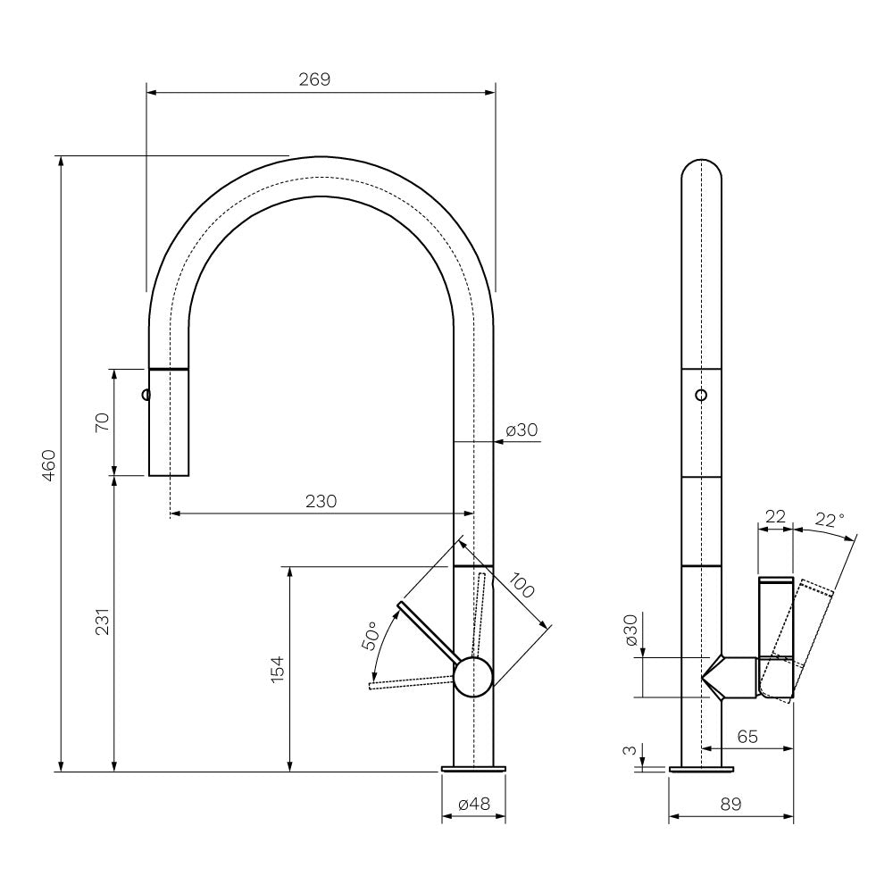Parisi Ergo 30 Kitchen Mixer with Round Spout and Pull Out Spray - Brushed Brass