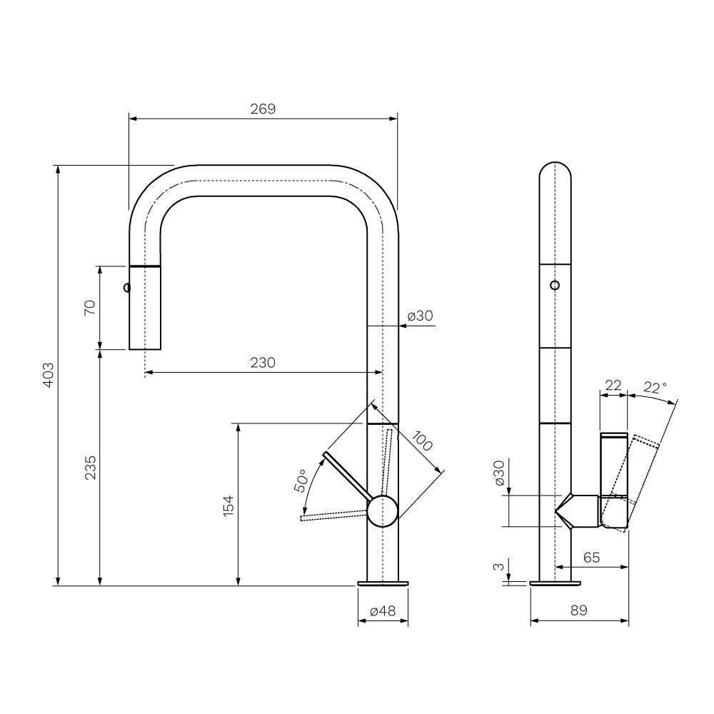 Parisi Ergo 30 Kitchen Mixer with Square Spout and Pull Out Spout - Brushed Brass