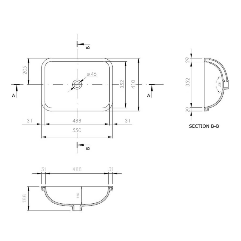 Turner Hastings Fino 55 x 41 Under Counter Basin - Matte Black - FI5503UCB-MB