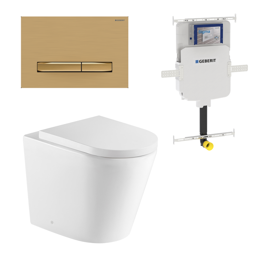 Turner Hastings Fino WhisperFlush Floor Mounted Toilet Package (Includes Geberit Cistern & Brushed Brass Flush Plate) - Gloss White - FP50GE-GW-K-BB