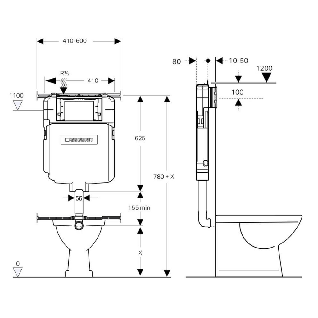 Turner Hastings Fino WhisperFlush Floor Mounted Toilet Package (Includes Geberit Cistern & Brushed Brass Flush Plate) - Gloss White - FP50GE-GW-K-BB