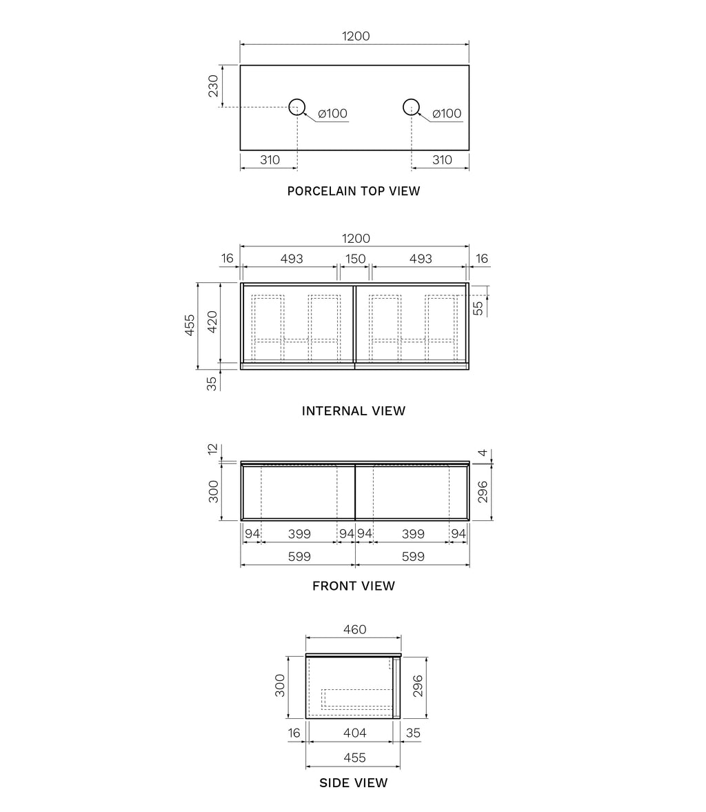 Parisi Float + My Top 1200 Wall Mounted Cabinet Porcelain Top Double Bowl - Grafite - Carrara Porcelain Top - FV-FT-1200D-GR-CAH
