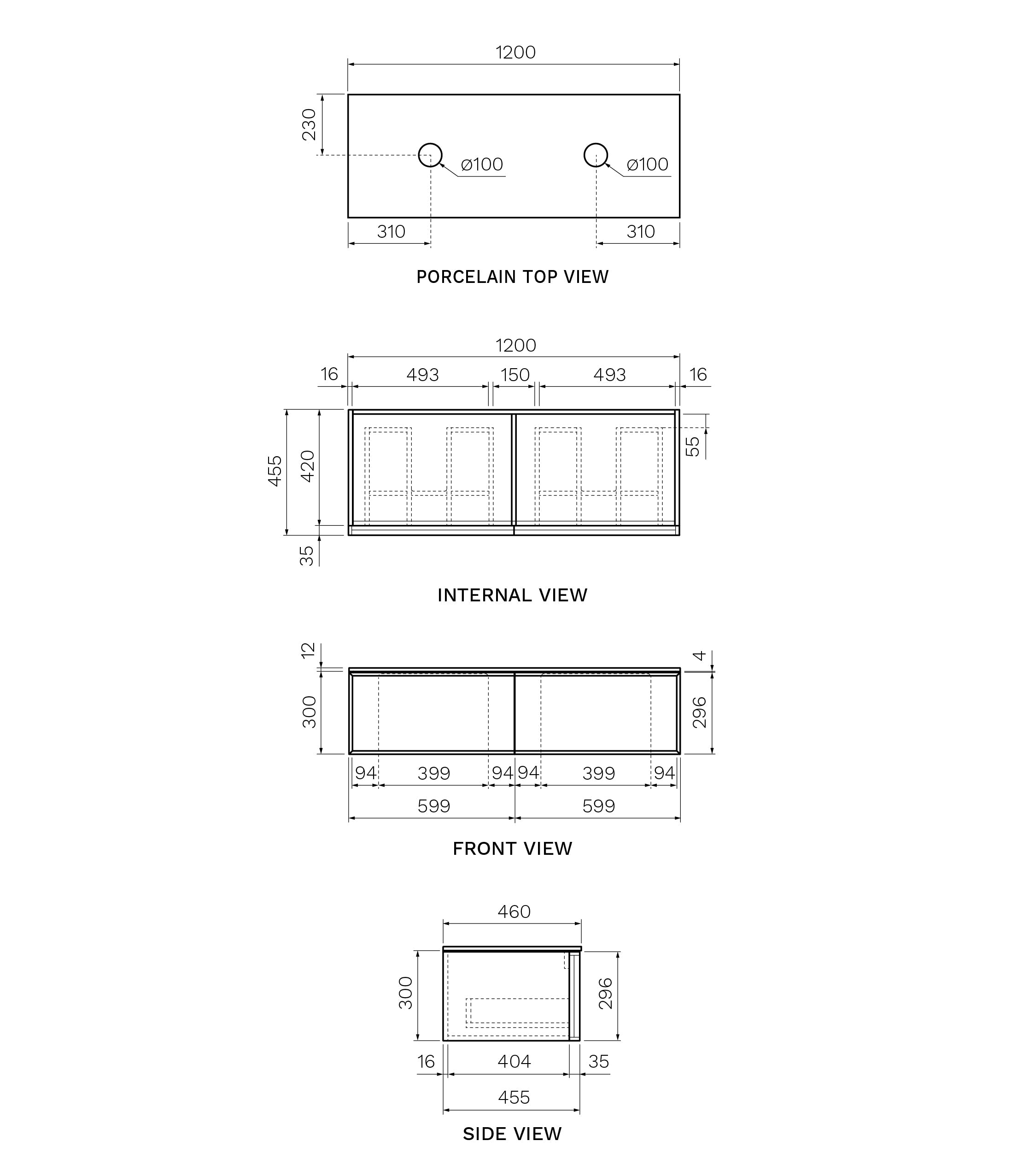 Parisi Float + My Top 1200 Wall Mounted Cabinet Porcelain Top Double Bowl - Matte Black - Ombra di Caravaggio Porcelain Top - FV-FT-1200D-MB-OCP