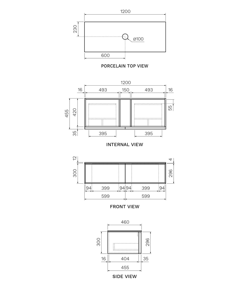 Parisi Float + My Top 1200 Wall Mounted Cabinet - No Tap Hole - Matte Black - Carrara - FV-FT-1200S-MB-CAH