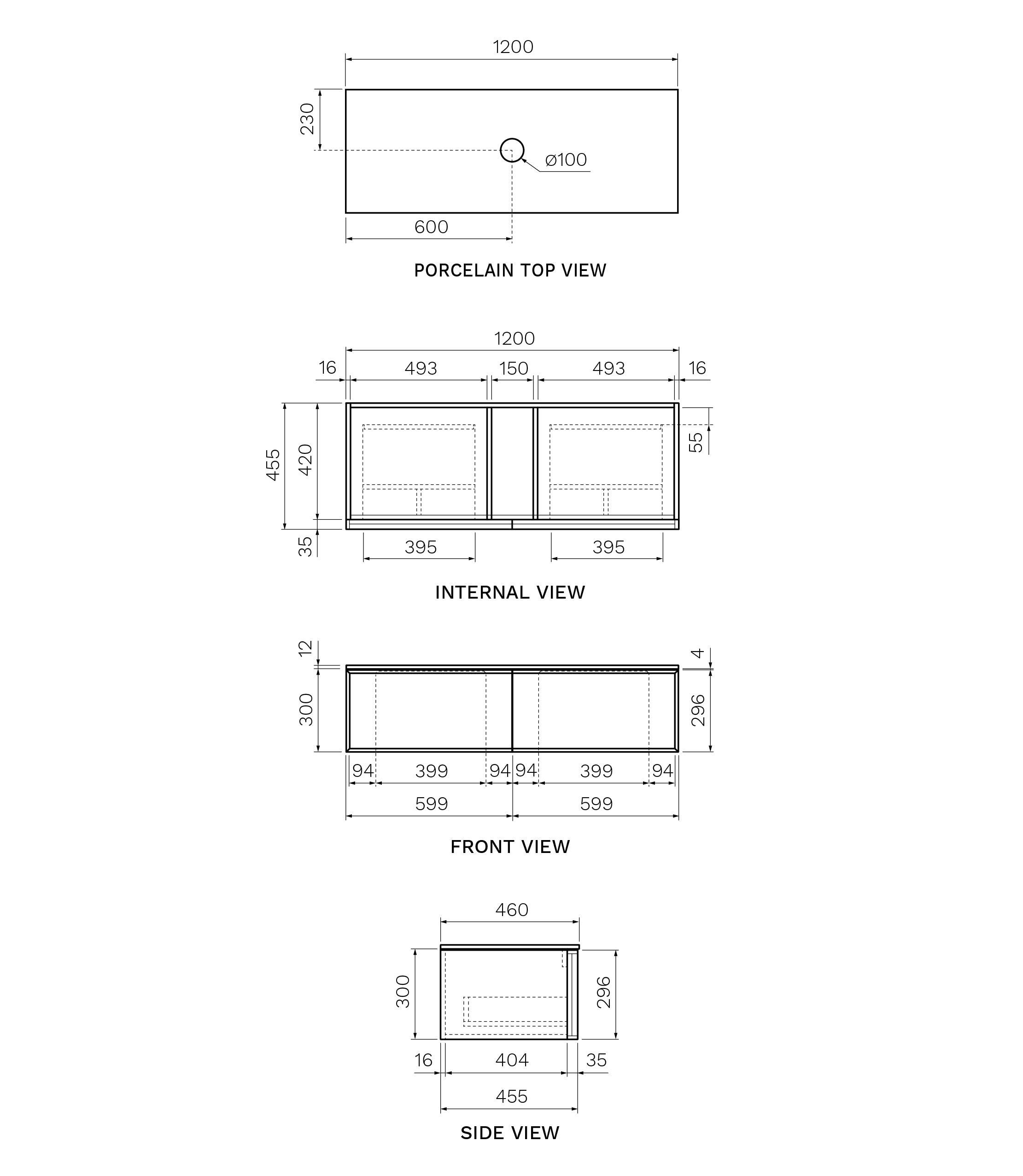 Parisi Float + My Top 1200 Wall Mounted Cabinet - No Tap Hole - Matte Black - Portland Hood - FV-FT-1200S-MB-PHH
