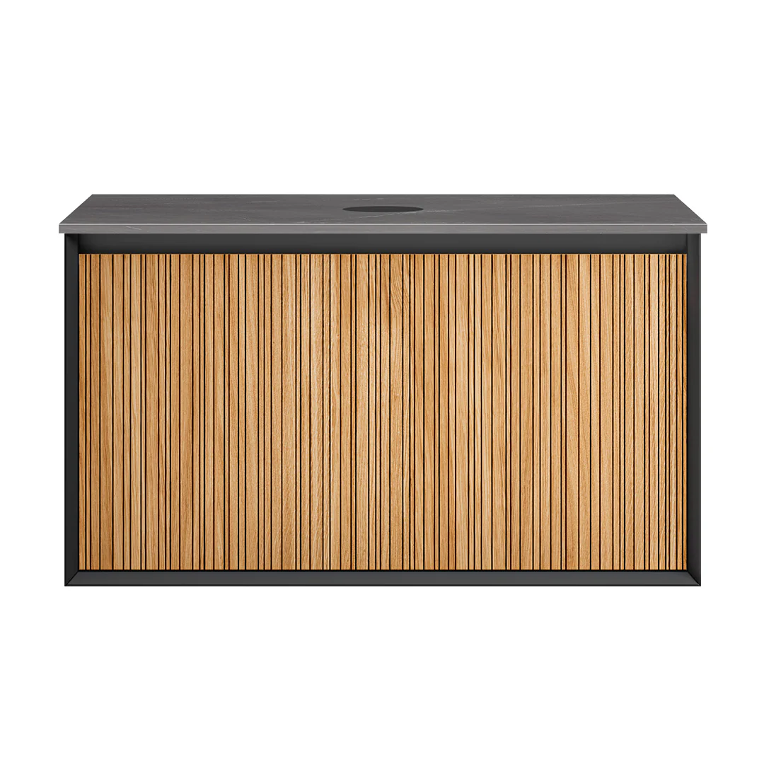 Parisi Jazz 900 Wall Hung Vanity Rovere Naturale Matte Black with Italian Porcelain Top - Pietra Grey - FV-JZ-900MB-RN-PG