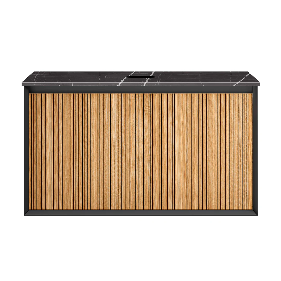 Parisi Jazz 900 Wall Hung Vanity Rovere Naturale Matte Black with Italian Porcelain Top - Sahara Noir - FV-JZ-900MB-RN-SA