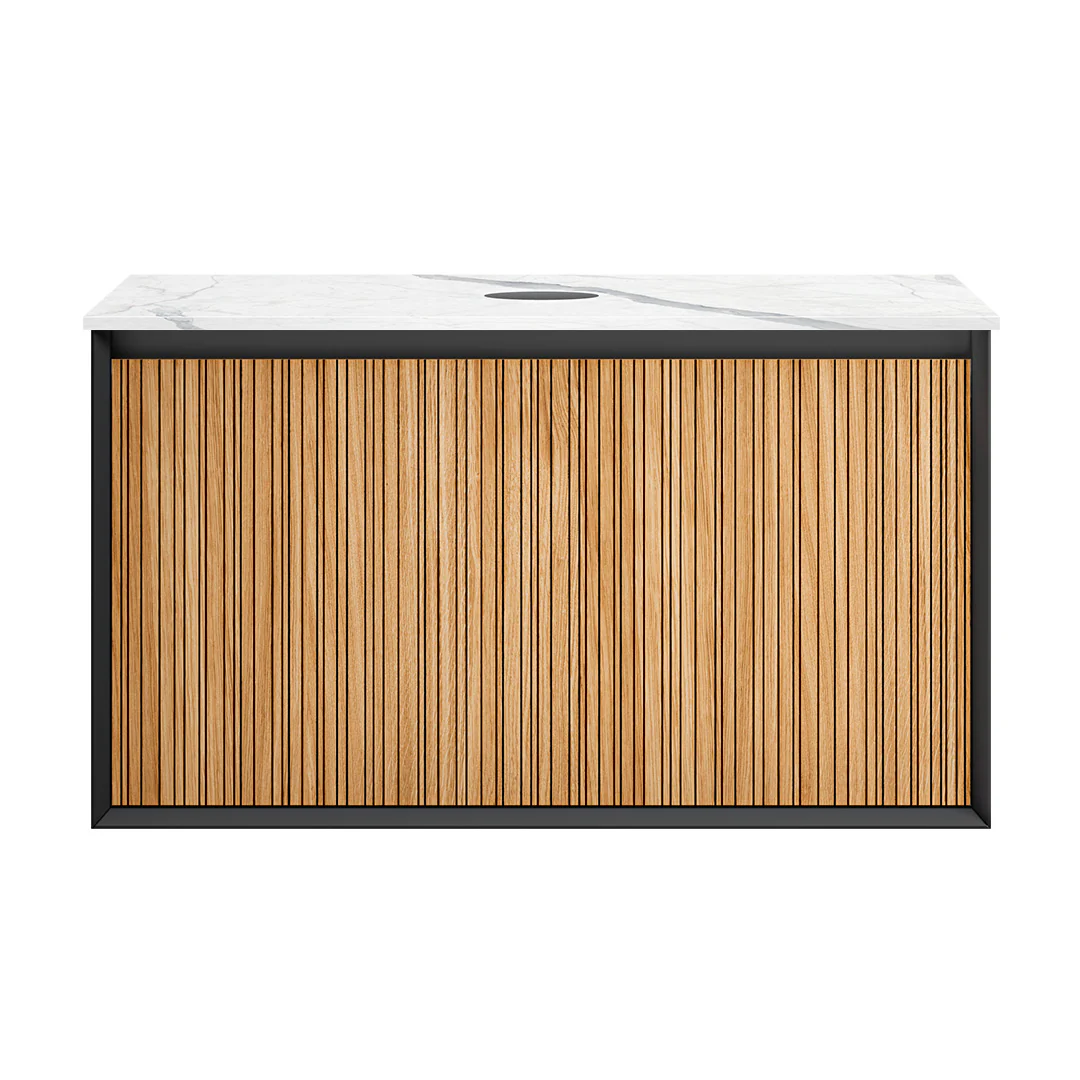 Parisi Jazz 900 Wall Hung Vanity Rovere Naturale Matte Black with Italian Porcelain Top - Statuario - FV-JZ-900MB-RN-ST