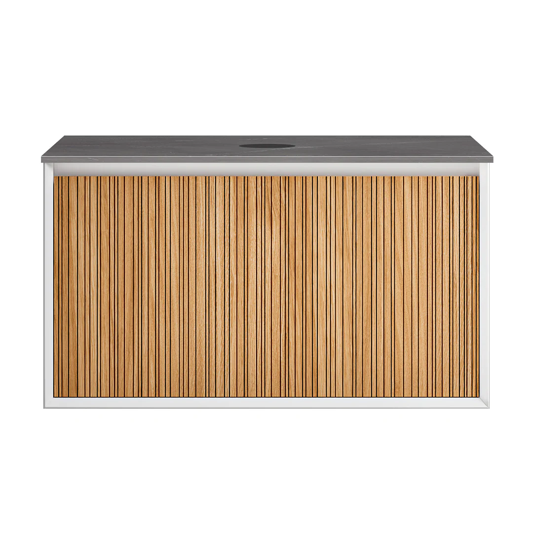 Parisi Jazz 900 Wall Hung Vanity Rovere Naturale Matte White with Italian Porcelain Top - Pietra Grey - FV-JZ-900MW-RN-PG