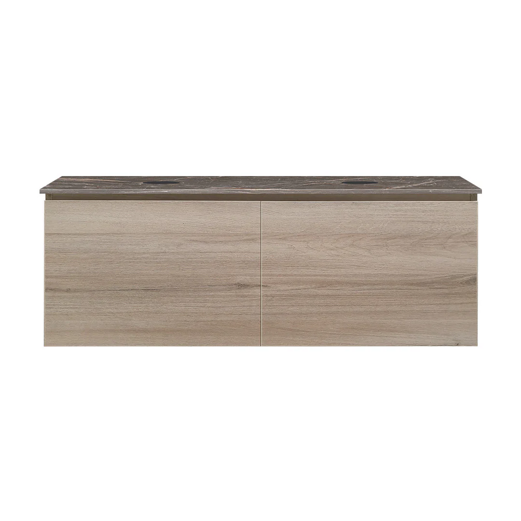 Parisi Rocki + MyTop 1200 Double Bowl Wall Mounted Cabinet with Honed Porcelain Top - Steel Oak - Ombra di Caravaggio Porcelain Top - FV-RK-1200D-ST-OCP