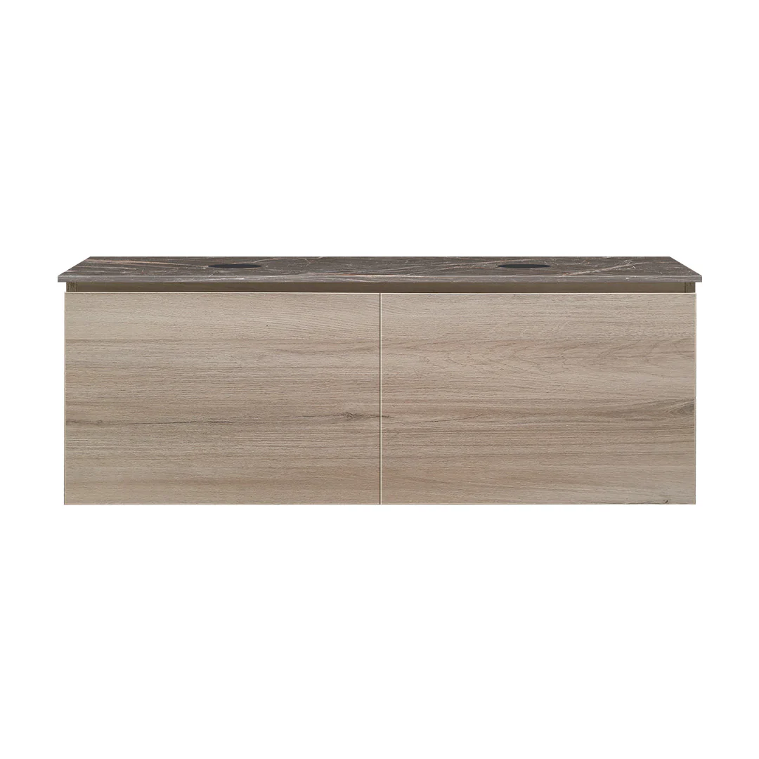 Parisi Rocki + MyTop 1200 Double Bowl Wall Mounted Cabinet with Honed Porcelain Top - Steel Oak - Ombra di Caravaggio Porcelain Top - FV-RK-1200D-ST-OCP