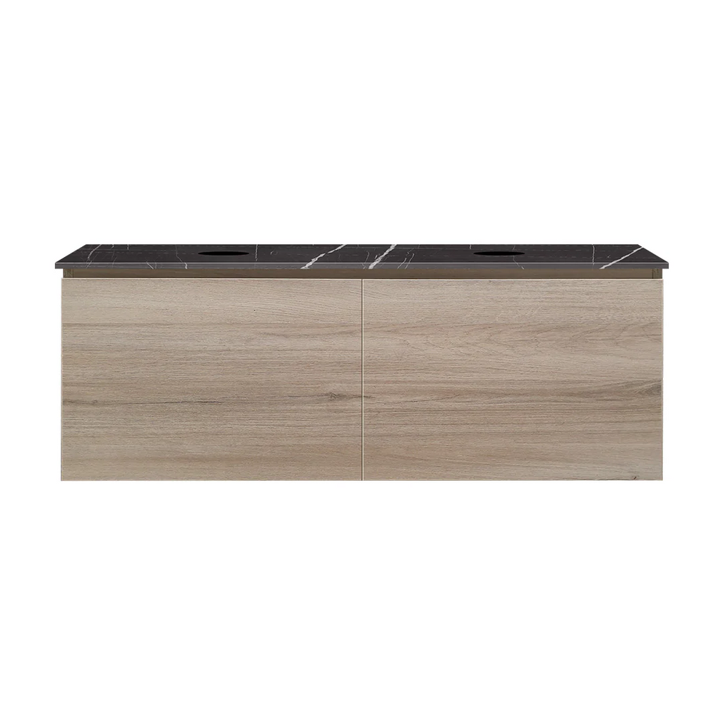 Parisi Rocki + MyTop 1200 Double Bowl Wall Mounted Cabinet with Honed Porcelain Top - Steel Oak - Sahara Noir Porcelain Top - FV-RK-1200D-ST-SAH