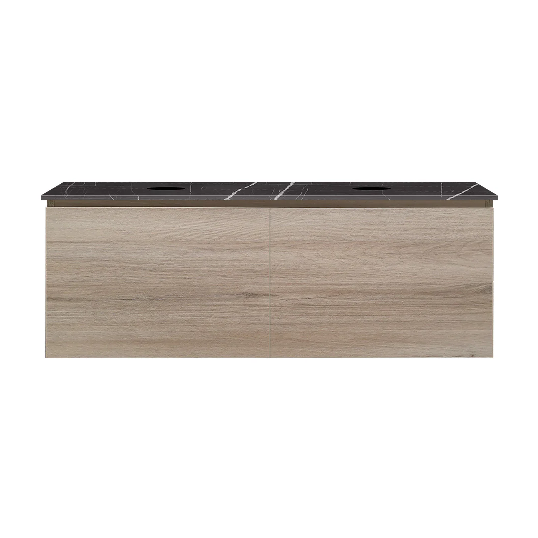 Parisi Rocki + MyTop 1200 Double Bowl Wall Mounted Cabinet with Honed Porcelain Top - Steel Oak - Sahara Noir Porcelain Top - FV-RK-1200D-ST-SAH