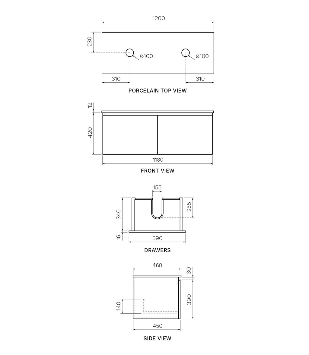 Parisi Rocki + MyTop 1200 Double Bowl Wall Mounted Cabinet with Honed Porcelain Top - Sahara - Portland Hood Porcelain Top - FV-RK-1200D-SH-PHH