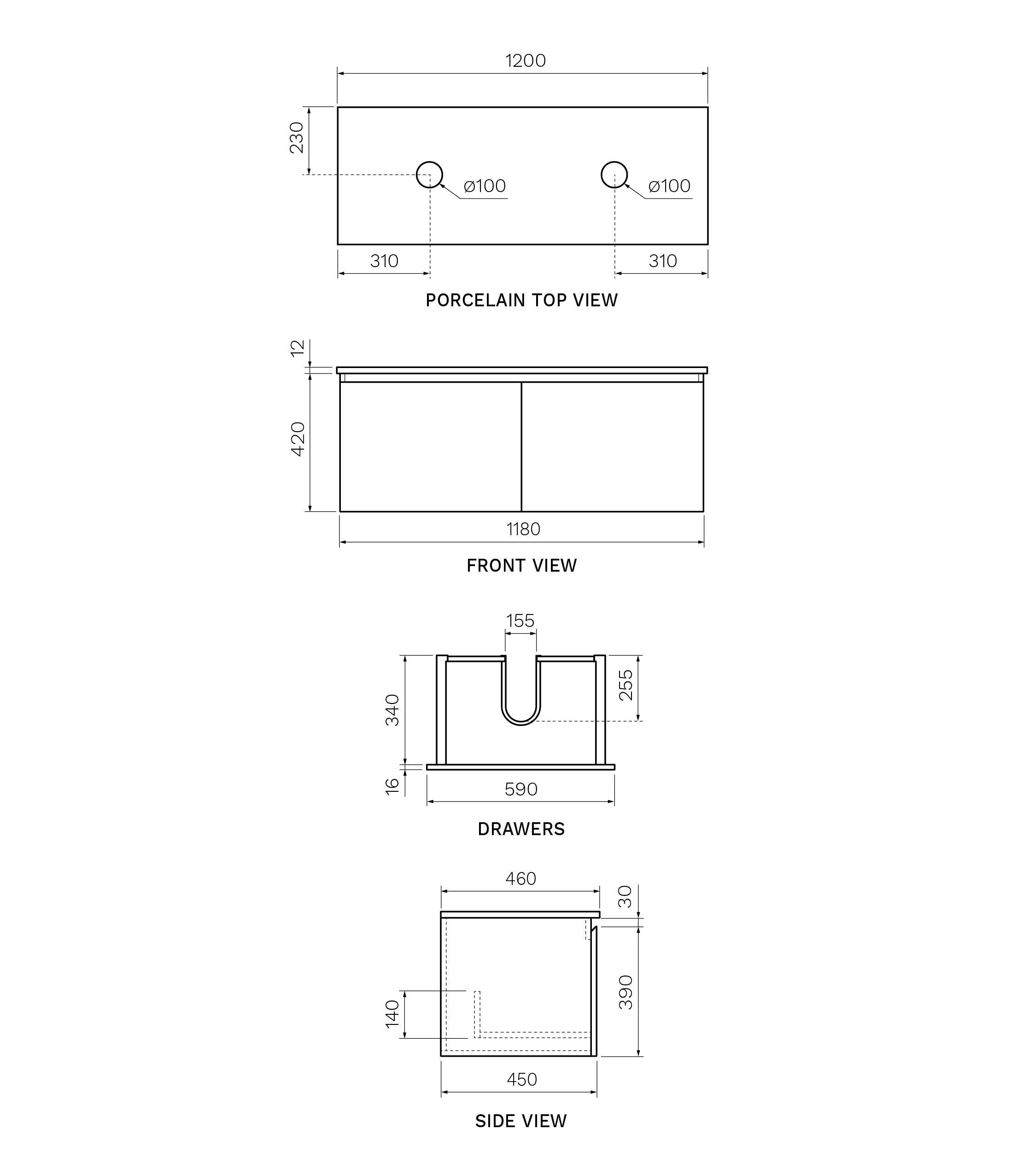 Parisi Rocki + MyTop 1200 Double Bowl Wall Mounted Cabinet with Honed Porcelain Top - Moka - Statuario Porcelain Top - FV-RK-1200D-MK-STH
