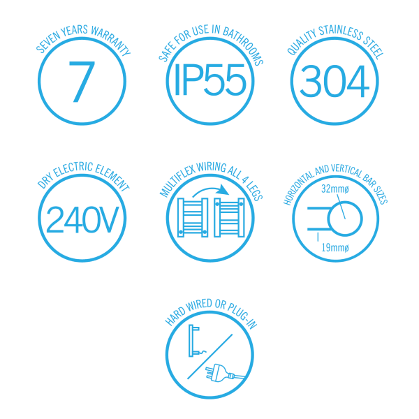 Thermorail 240V Round 750 Ladder Heated Towel Rail - SRB33M Brushed Stainless Steel