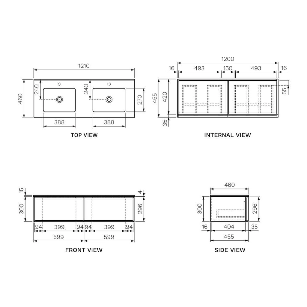 Parisi Float 1200mm Wall Hung Vanity with Ceramic Double Bowl Top - Matte Black - 1 Centre Taphole - FT-1201D-MB
