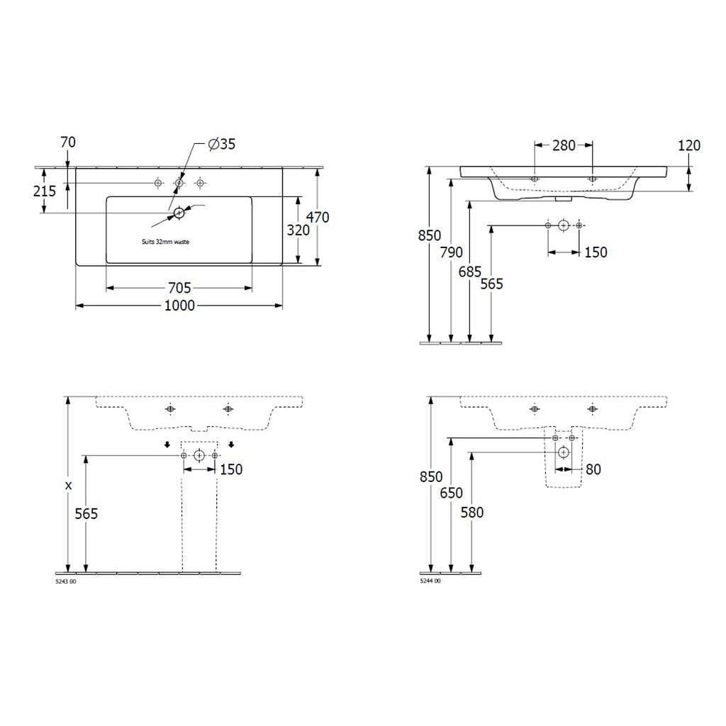 Villeroy & Boch Subway 3.0 1000 Wall Hung Basin (1 Tap Hole) Includes Overflow - Stone White 4A70A5RWCB