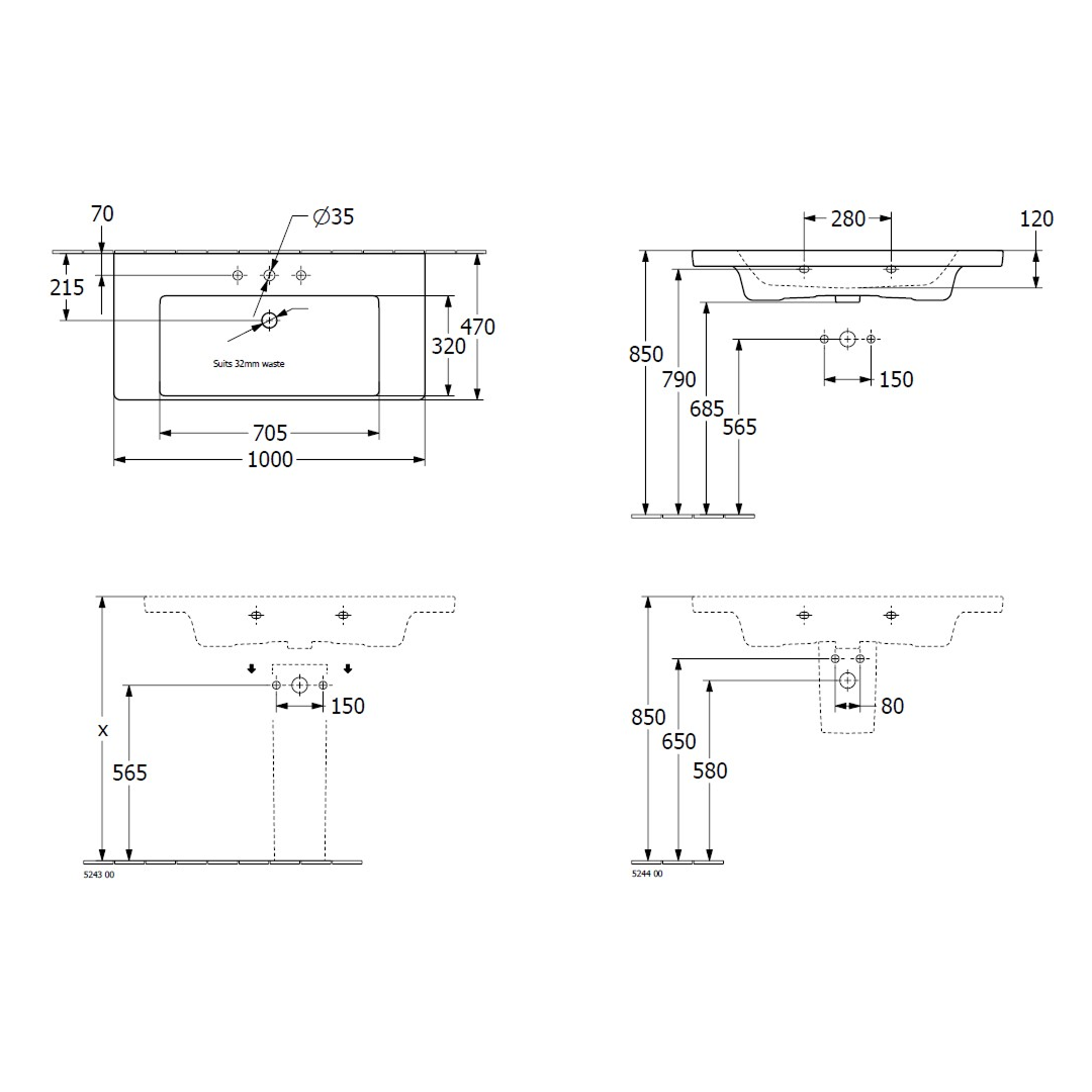 Villeroy & Boch Subway 3.0 1000 Wall Hung Basin (1 Tap Hole) Includes Overflow - Stone White 4A70A5RWCB