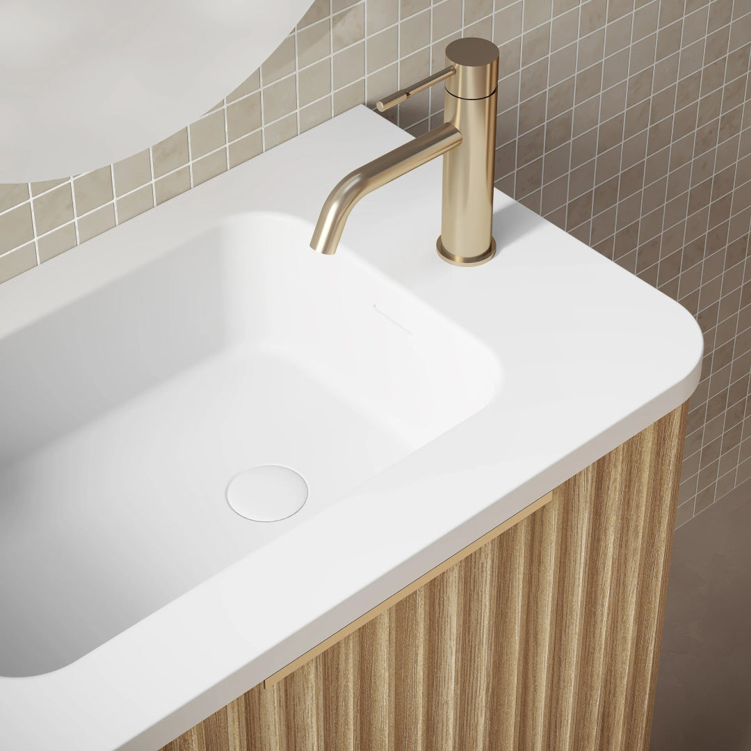 Cassa Design Gravity 500mm Small Space Wall Hung Vanity Natural Oak - Matte Black Handle Left Hand Door Hinge & Left Hand Basin - GRA500WHL-OAK-GRA500MWL-MB