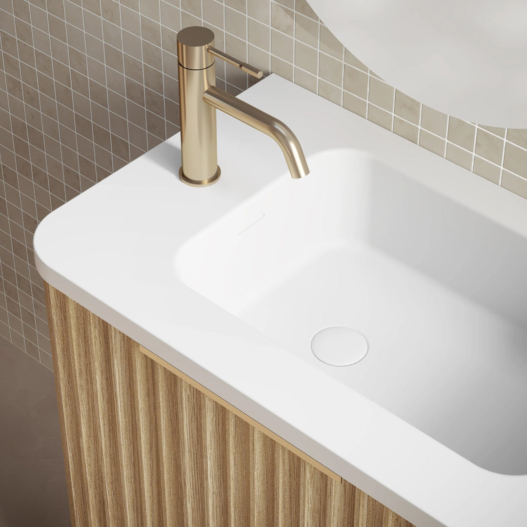 Cassa Design Gravity 500mm Small Space Wall Hung Vanity Natural Oak - Matte Black Handle Right Hand Door Hinge & Right Hand Basin - GRA500WHR-OAK-GRA500MWR-MB
