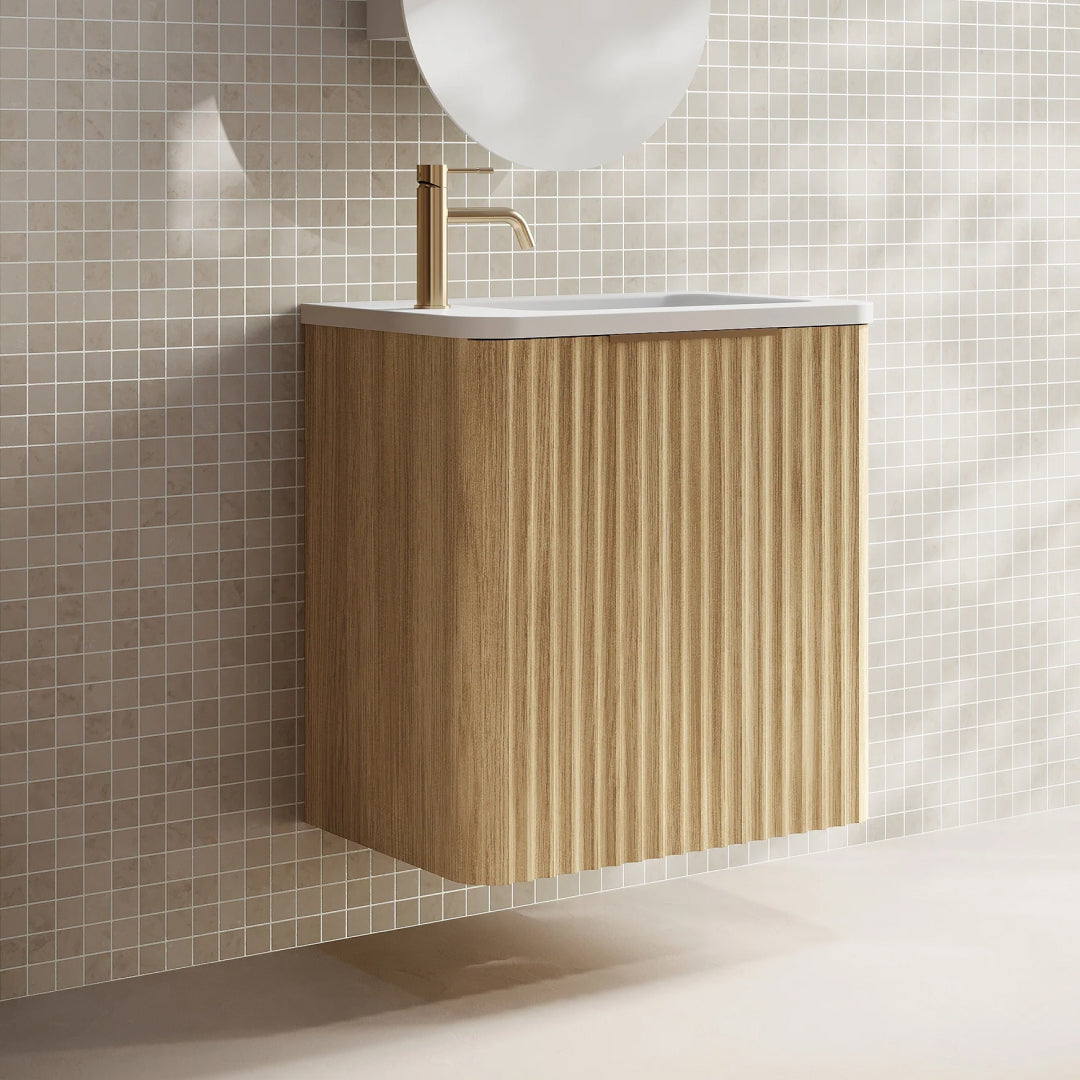 Cassa Design Gravity 500mm Small Space Wall Hung Vanity Natural Oak - Brushed Gold Handle Left Hand Door Hinge & Right Hand Basin - GRA500WHL-OAK-GRA500MWR-BG