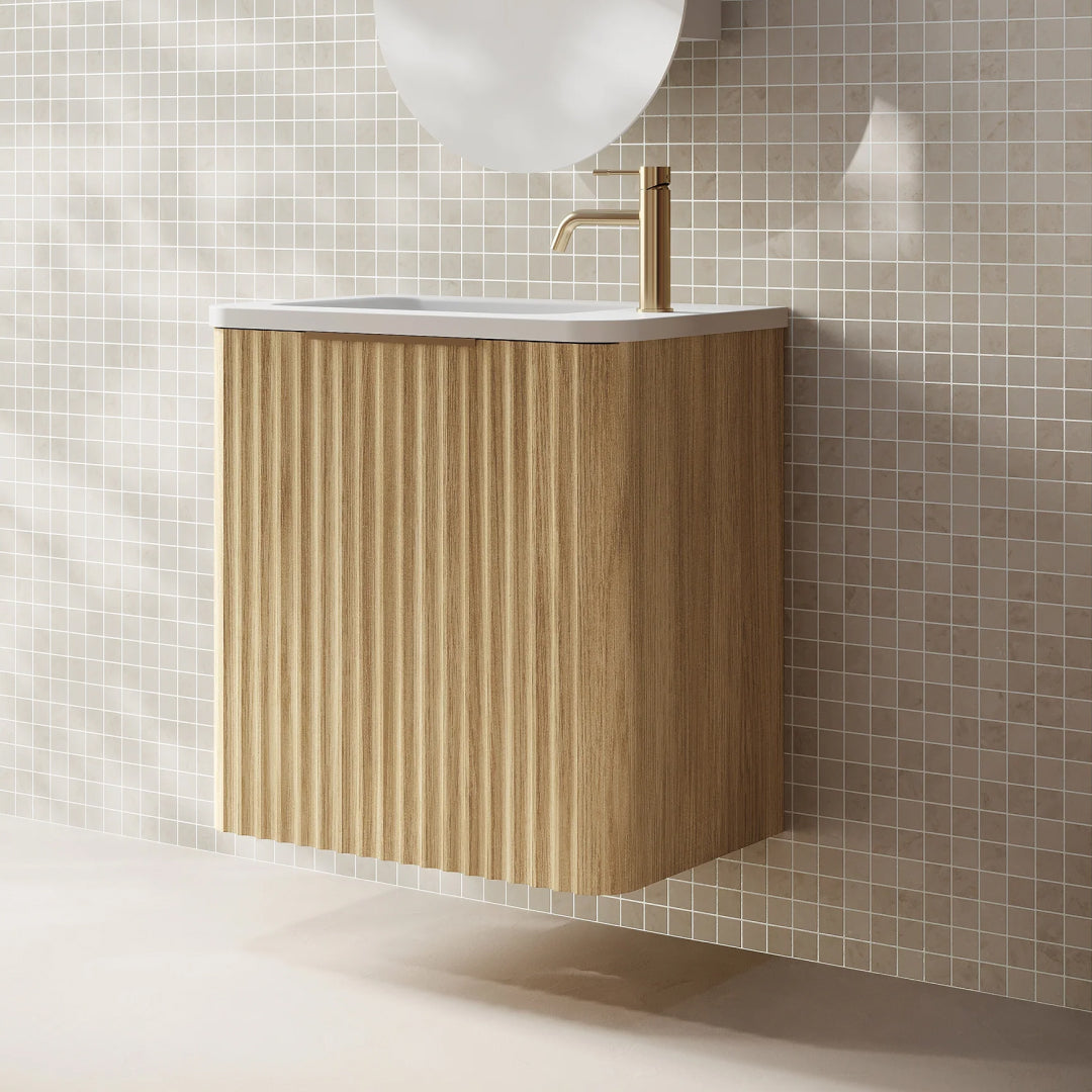 Cassa Design Gravity 500mm Small Space Wall Hung Vanity Natural Oak - Brushed Gold Handle Left Hand Door Hinge & Left Hand Basin - GRA500WHL-OAK-GRA500MWL-BG