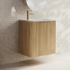 Cassa Design Gravity 500mm Small Space Wall Hung Vanity Natural Oak - Gun Metal Handle Right Hand Door Hinge & Right Hand Basin - GRA500WHR-OAK-GRA500MWR-GM