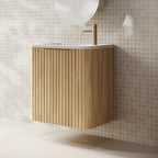 Cassa Design Gravity 500mm Small Space Wall Hung Vanity Natural Oak - Gun Metal Handle Left Hand Door Hinge & Left Hand Basin - GRA500WHL-OAK-GRA500MWL-GM