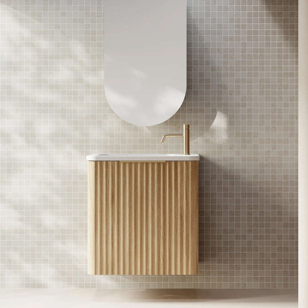 Cassa Design Gravity 500mm Small Space Wall Hung Vanity Natural Oak - Matte Black Handle Left Hand Door Hinge & Left Hand Basin - GRA500WHL-OAK-GRA500MWL-MB