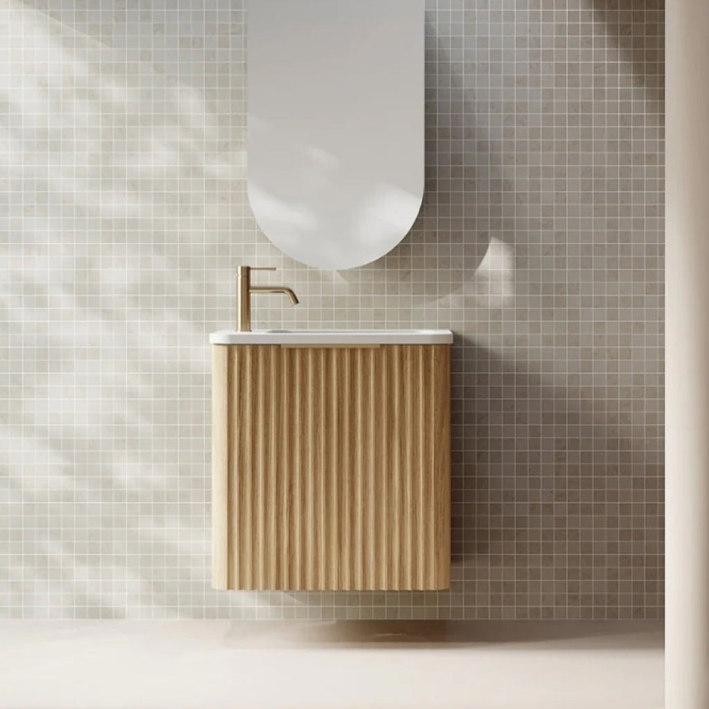 Cassa Design Gravity 500mm Small Space Wall Hung Vanity Natural Oak - Brushed Gold Handle Left Hand Door Hinge & Right Hand Basin - GRA500WHL-OAK-GRA500MWR-BG