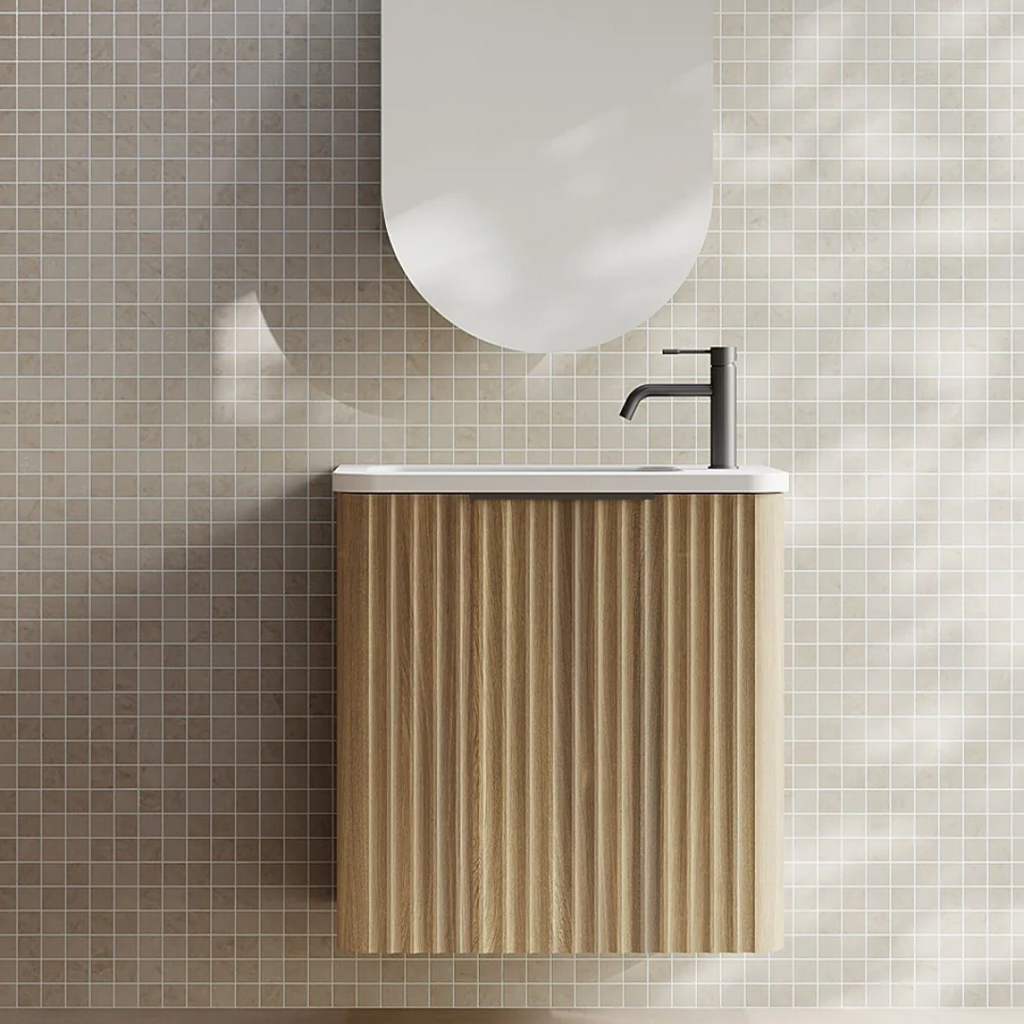 Cassa Design Gravity 500mm Small Space Wall Hung Vanity Natural Walnut Matte Black Handle - Left Hand Door Hinge & Basin - GRA500WHL-WALNUT-GRA500MWL-MB