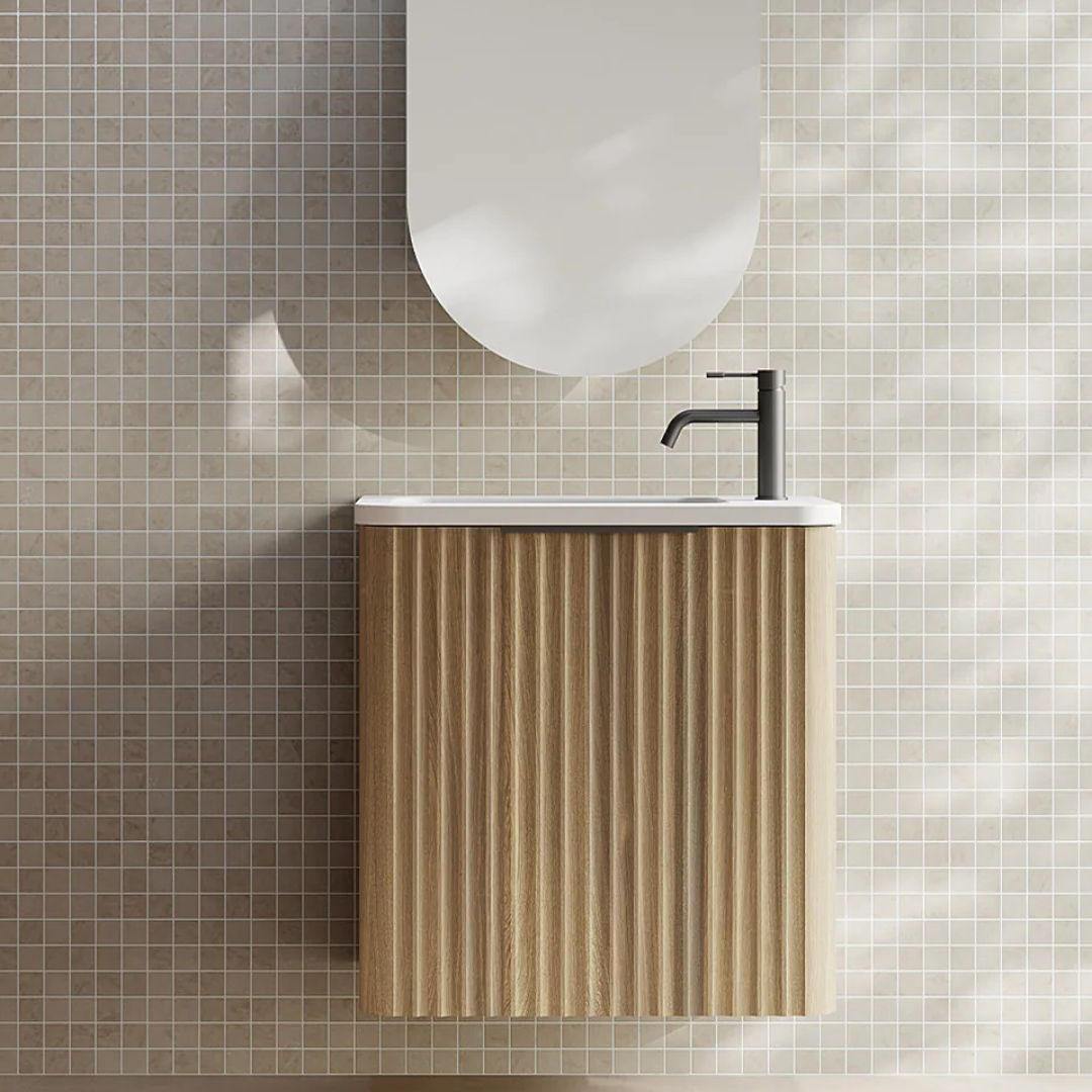Cassa Design Gravity 500mm Small Space Wall Hung Vanity Natural Walnut Brushed Gold Handle - Left Hand Door Hinge & Basin - GRA500WHL-WALNUT-GRA500MWL-BG
