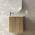 Cassa Design Gravity 500mm Small Space Wall Hung Vanity Natural Walnut Matte Black Handle - Left Hand Door Hinge & Right Hand Basin - GRA500WHL-WALNUT-GRA500MWR-MB