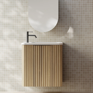 Cassa Design Gravity 500mm Small Space Wall Hung Vanity Natural Walnut Matte Black Handle - Left Hand Door Hinge & Right Hand Basin - GRA500WHL-WALNUT-GRA500MWR-MB