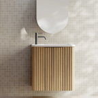 Cassa Design Gravity 500mm Small Space Wall Hung Vanity Natural Walnut - Gun Metal Handle - Right Hand Door Hinge & Basin - GRA500WHR-WALNUT-GRA500MWR-GM