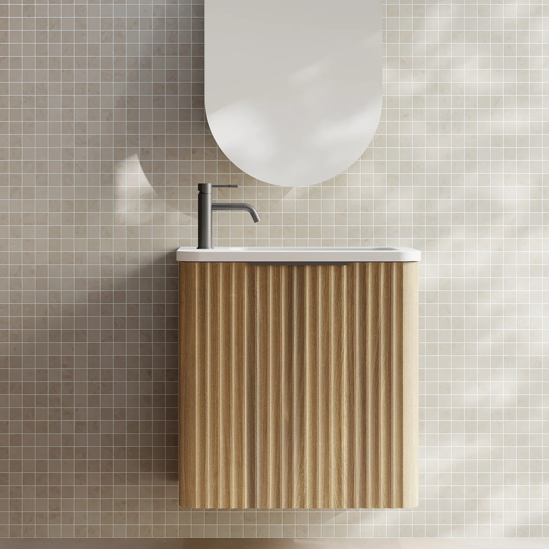 Cassa Design Gravity 500mm Small Space Wall Hung Vanity Natural Walnut - Gun Metal Handle - Right Hand Door Hinge & Basin - GRA500WHR-WALNUT-GRA500MWR-GM