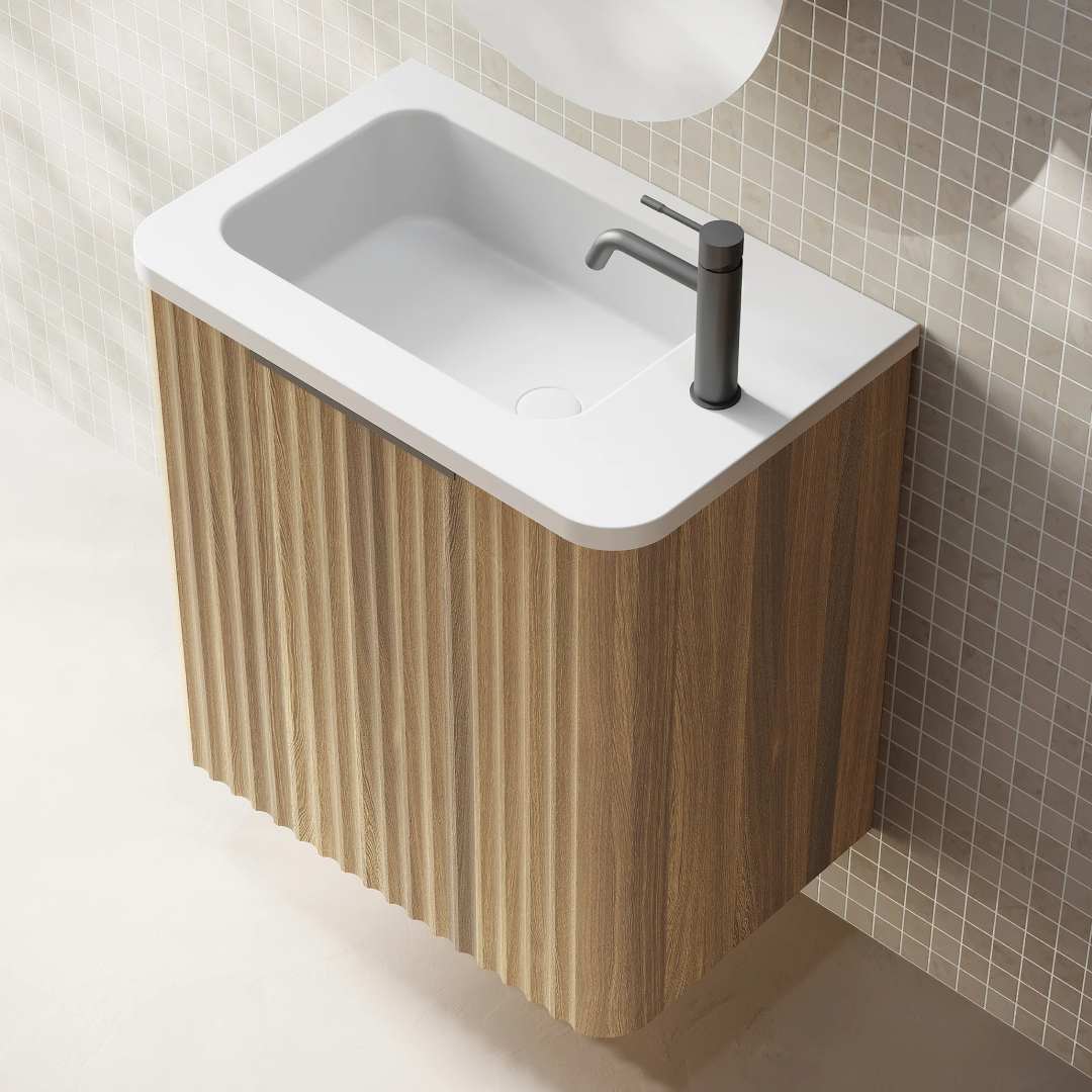 Cassa Design Gravity 500mm Small Space Wall Hung Vanity Natural Walnut Matte Black Handle - Right Hand Door Hinge & Left Hand Basin - GRA500WHR-WALNUT-GRA500MWL-MB