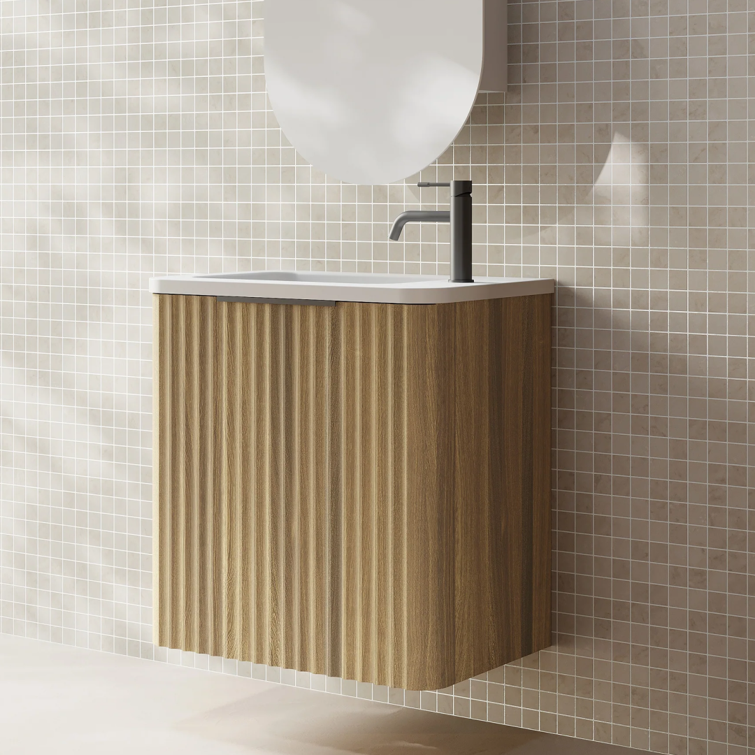 Cassa Design Gravity 500mm Small Space Wall Hung Vanity Natural Walnut Matte Black Handle - Right Hand Door Hinge & Left Hand Basin - GRA500WHR-WALNUT-GRA500MWL-MB
