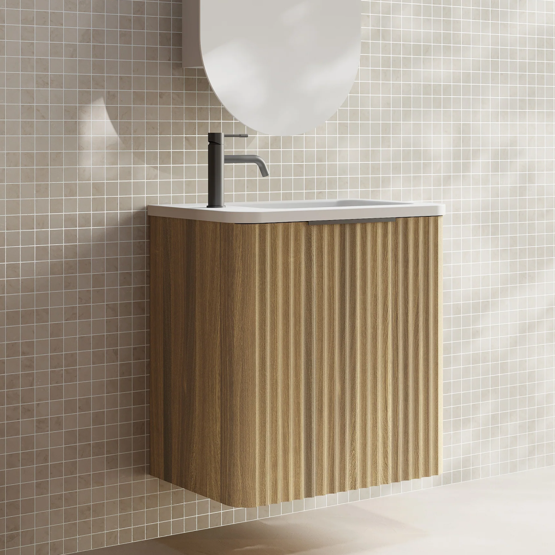 Cassa Design Gravity 500mm Small Space Wall Hung Vanity Natural Walnut - Gun Metal Handle - Right Hand Door Hinge & Basin - GRA500WHR-WALNUT-GRA500MWR-GM