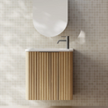 Cassa Design Gravity 500mm Small Space Wall Hung Vanity Natural Walnut Matte Black Handle - Right Hand Door Hinge & Left Hand Basin - GRA500WHR-WALNUT-GRA500MWL-MB