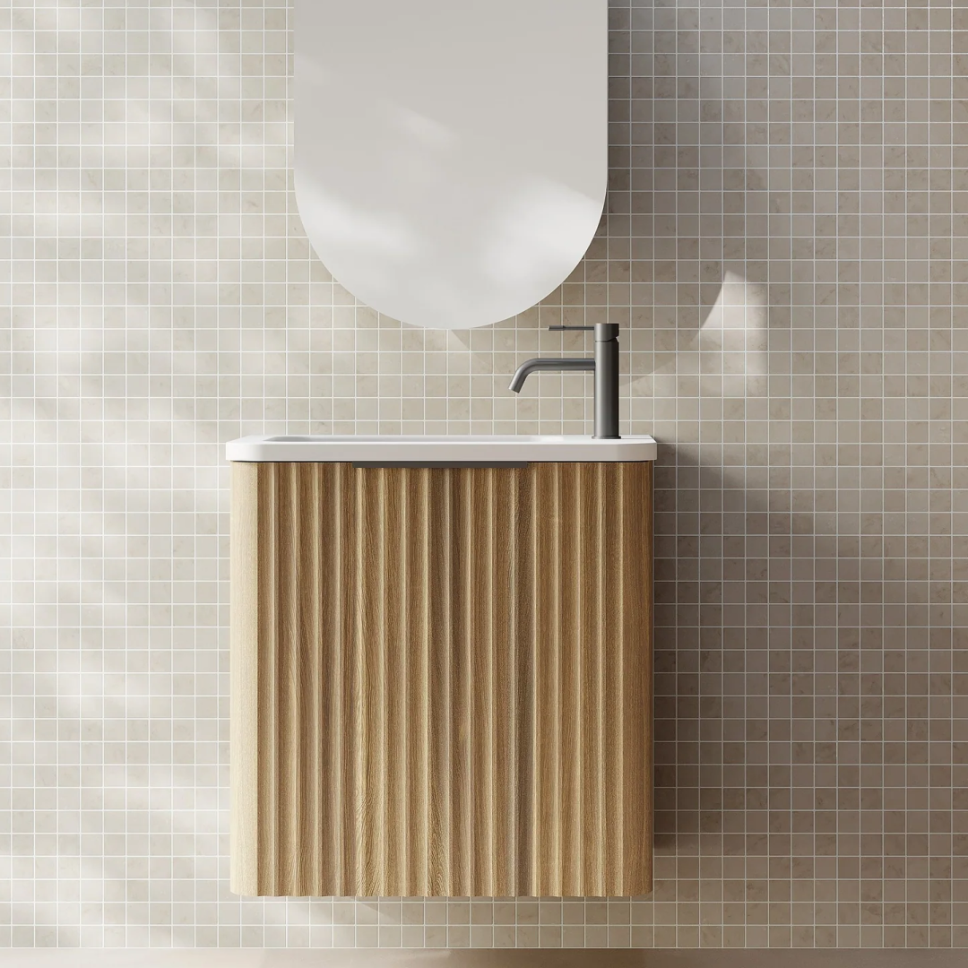 Cassa Design Gravity 500mm Small Space Wall Hung Vanity Natural Walnut Matte Black Handle - Right Hand Door Hinge & Left Hand Basin - GRA500WHR-WALNUT-GRA500MWL-MB