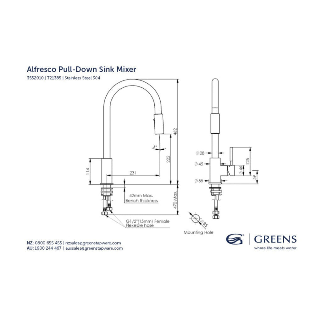 Greens Alfresco Pull-Down Sink Mixer - 304 Stainless Steel - LF355201SS