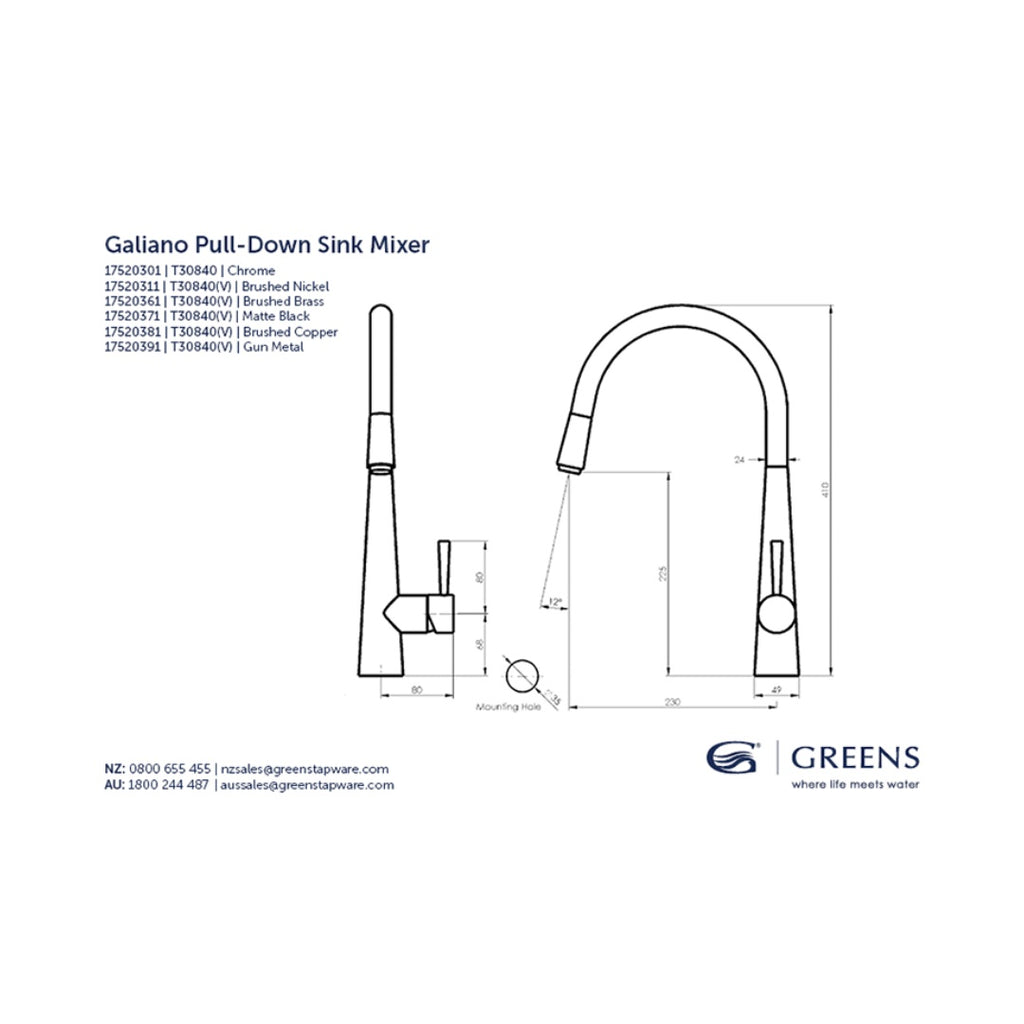 Greens Galiano Pull-Down Sink Mixer - Brushed Nickel - 17520311