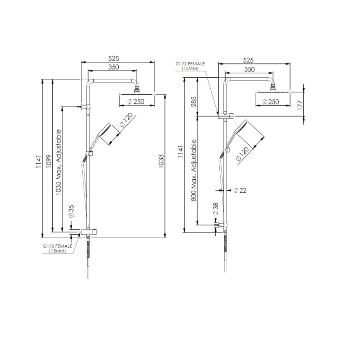 Greens Lavish Brass Twin Rail Shower System - Brushed Brass - 239103BB