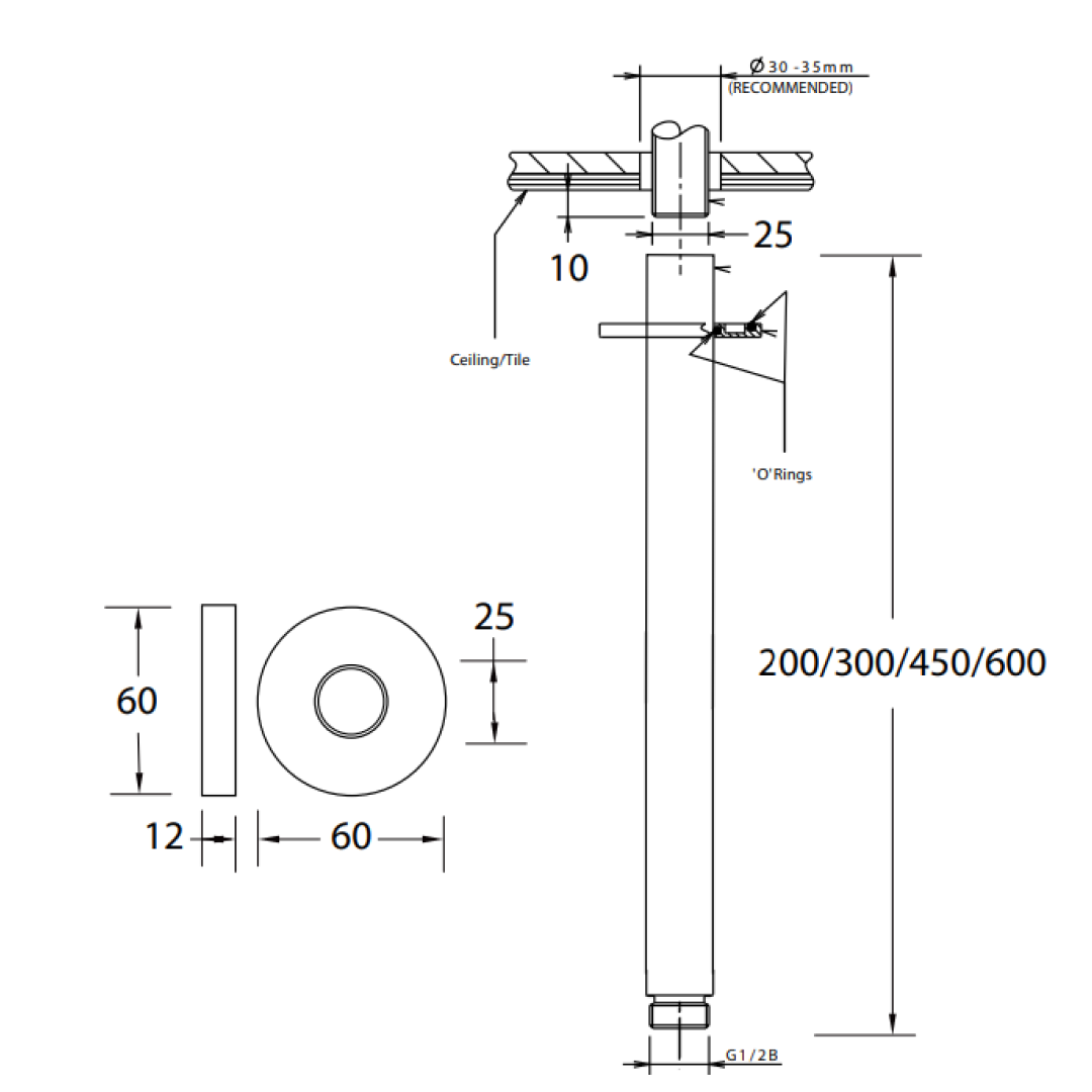 Paco Jaanson Ceiling Mount 450mm Shower Arm - HI-907C