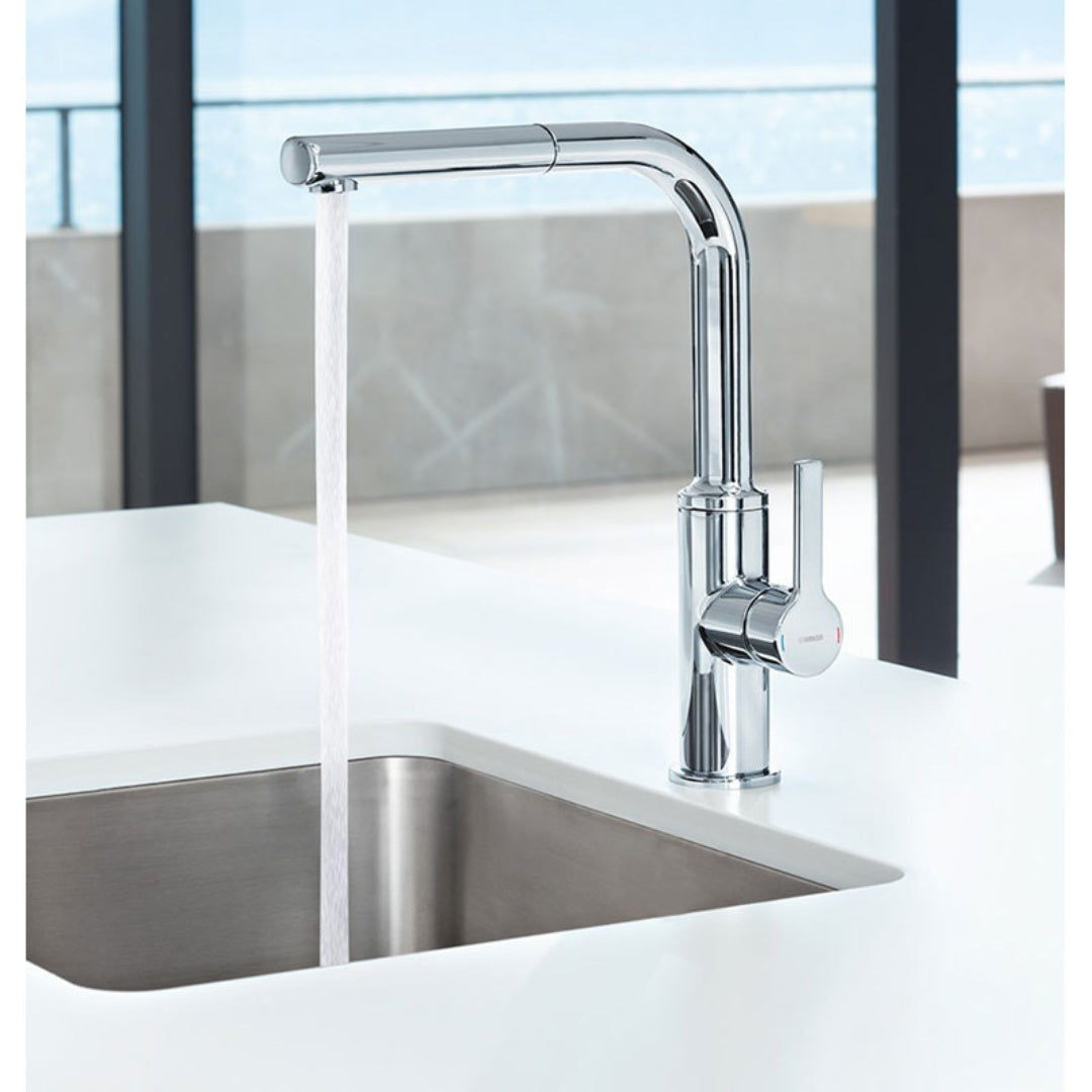 Hansa Ronda Gooseneck Kitchen Mixer with Pull Out Aerator Chrome