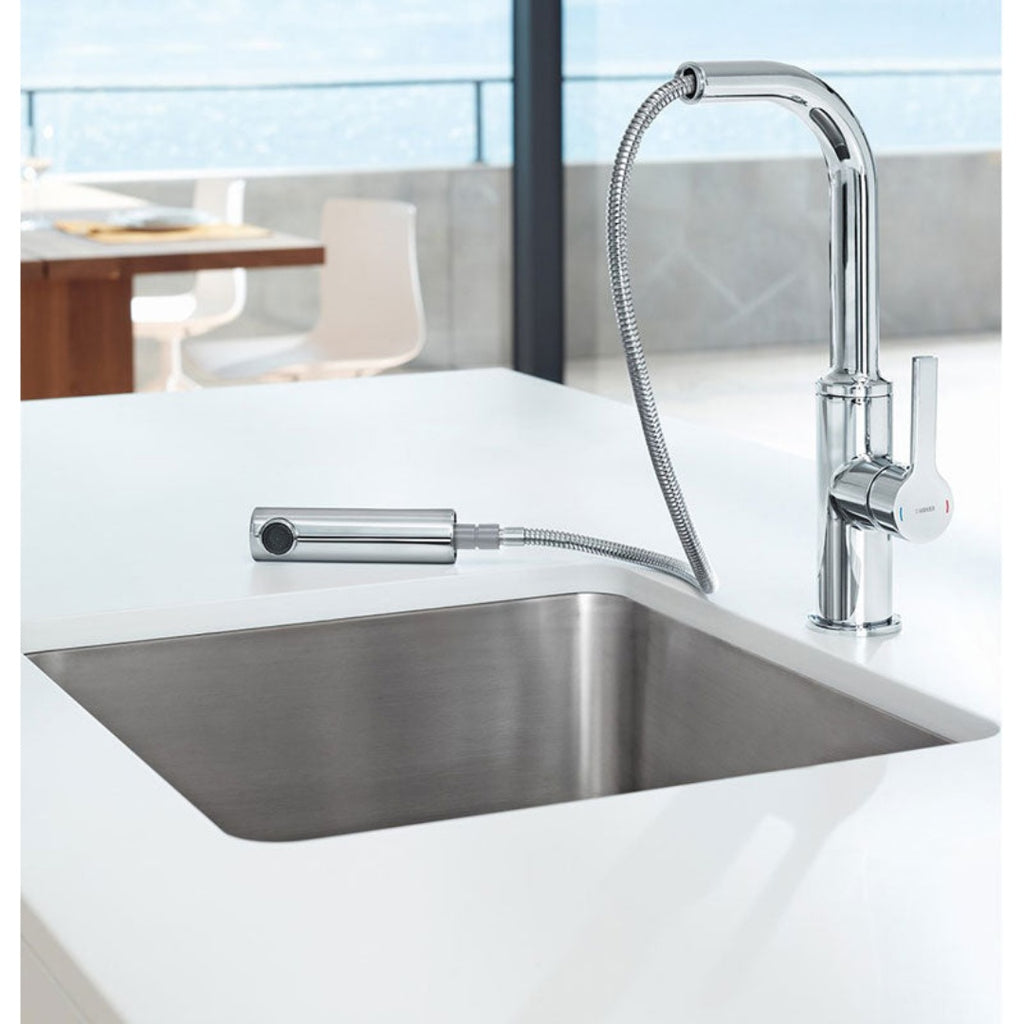 Hansa Ronda Gooseneck Kitchen Mixer with Pull Out Aerator Chrome