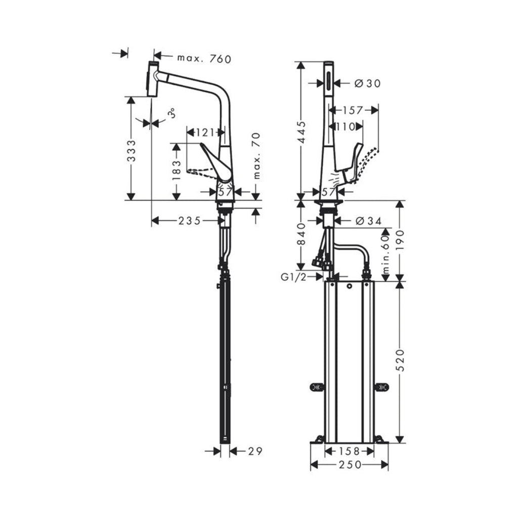 Hansgrohe Metris M71 Single Lever Pull out Kitchen Mixer - Chrome - 73816003