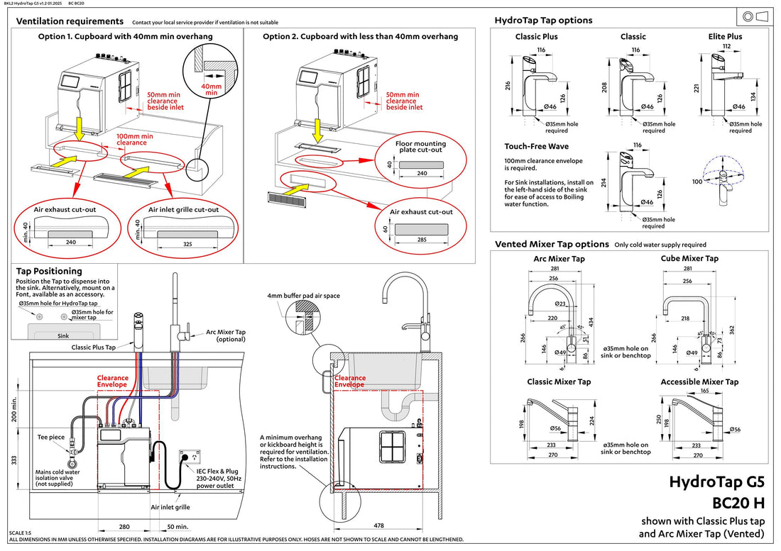 Zip Commercial HydroTap G5 Classic Plus 4-In-1 Boiling, Chilled, Hot & Ambient Tap 100/75 with Classic Mixer - Chrome H51621Z00AU installation layout and clearances